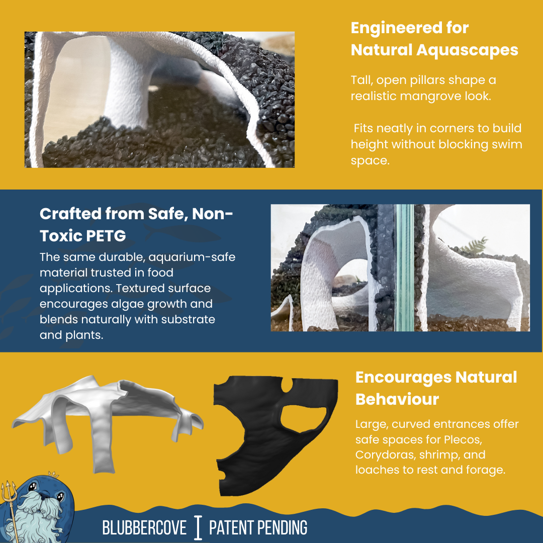 Corner Aquarium Cave Tunnel for Pleco & Shrimp – Large Entrance, Mangrove Style