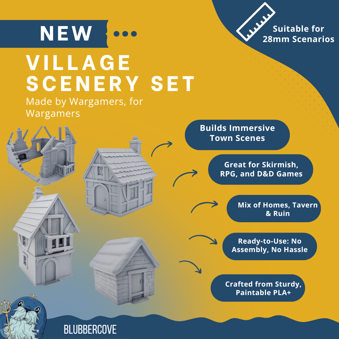 28mm Fantasy Village Buildings | DND RPG Scatter Terrain for Wargames