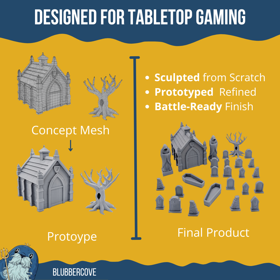 Graveyard Scatter Terrain for DND, RPG & Wargames – Mausoleum & Tombstones Kit