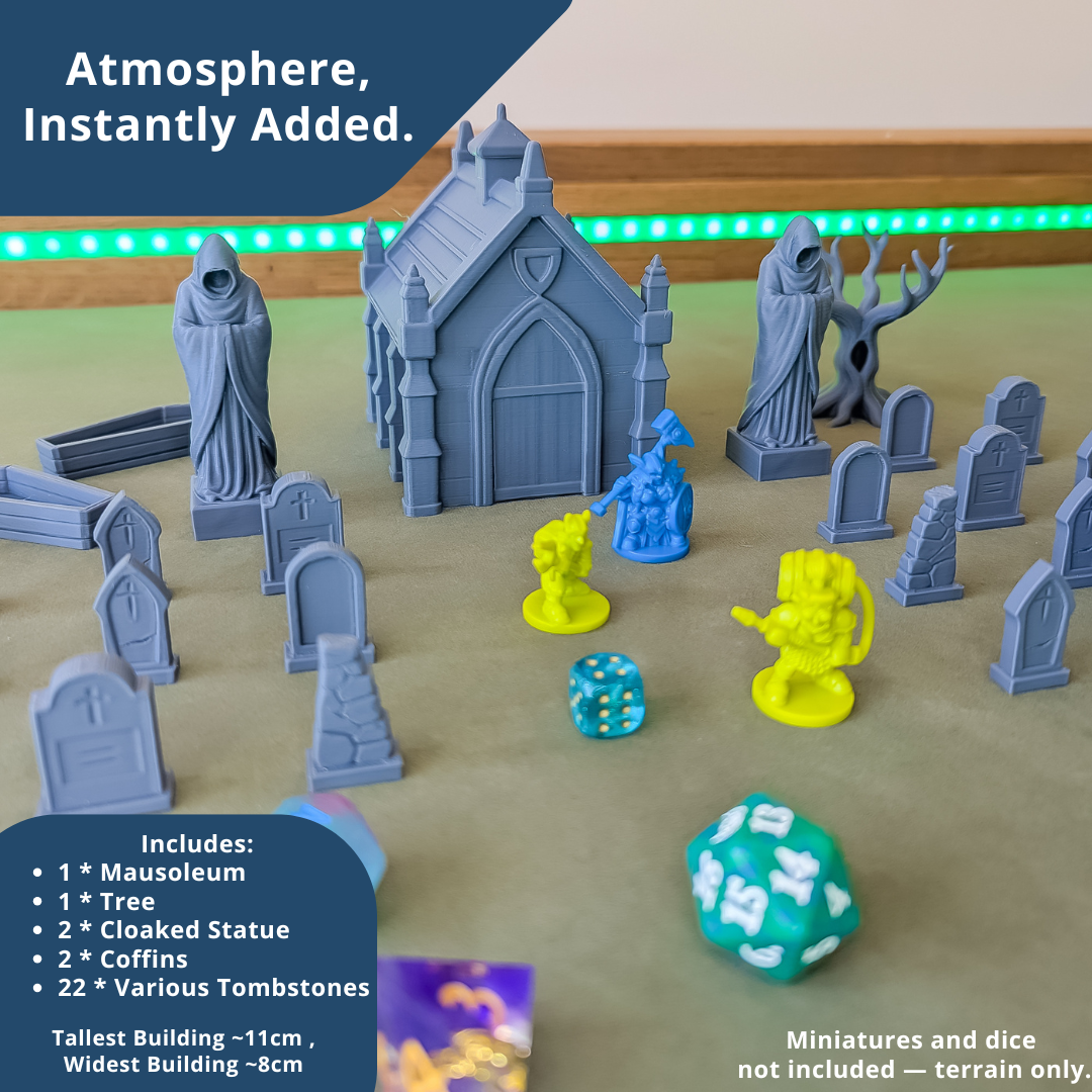 Graveyard Scatter Terrain for DND, RPG & Wargames – Mausoleum & Tombstones Kit